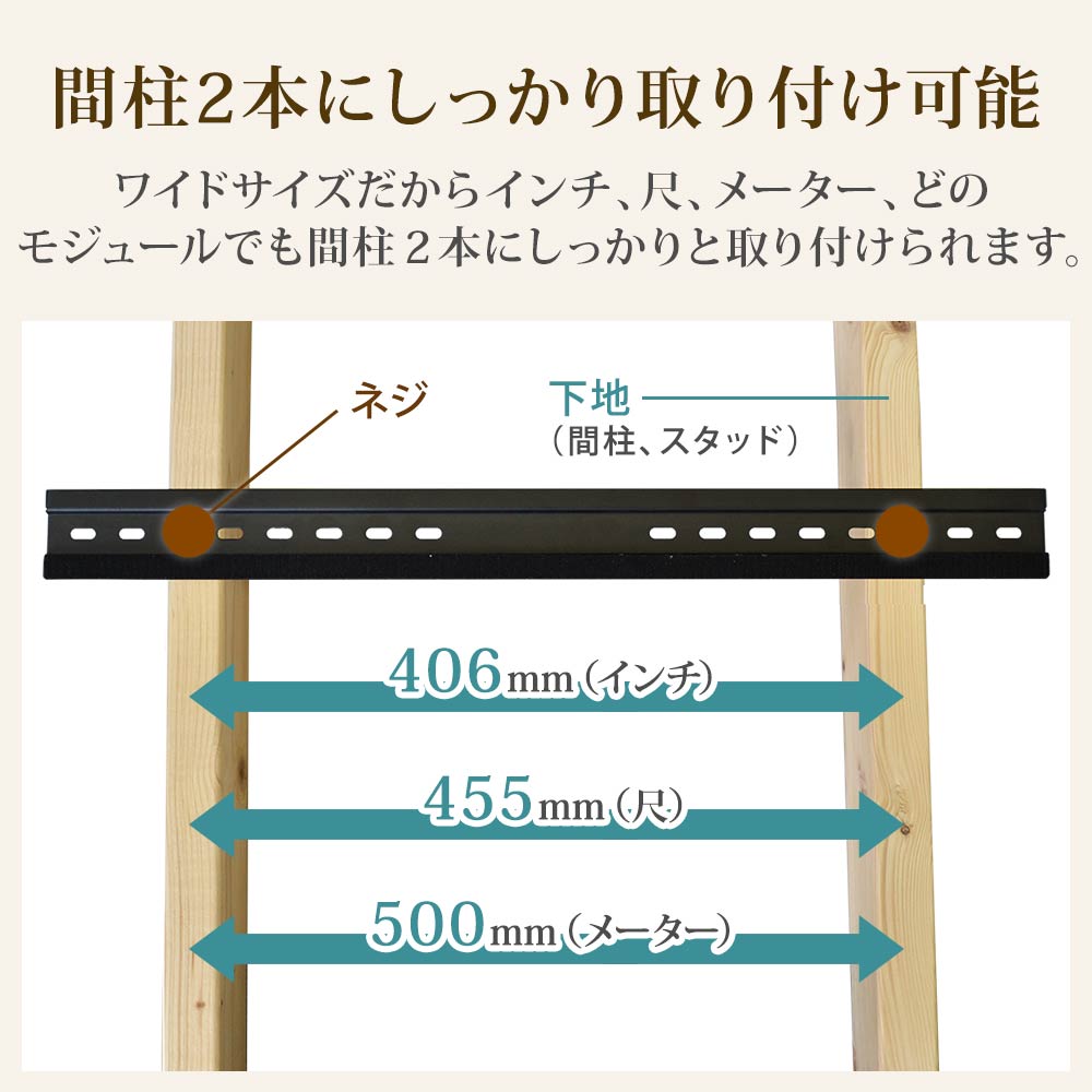 インチモジュールなら間柱2本に取り付け可能