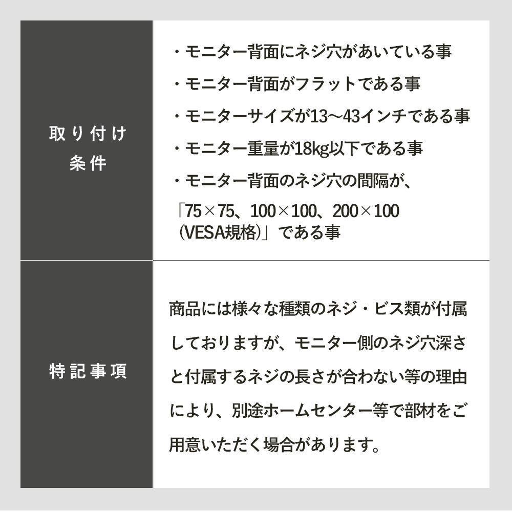 快適ワークのモニターアームBA211の取り付け条件