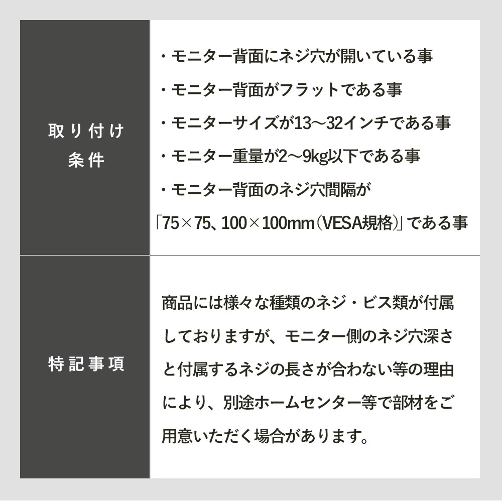 快適ワークのモニターアームGA212の取り付け条件