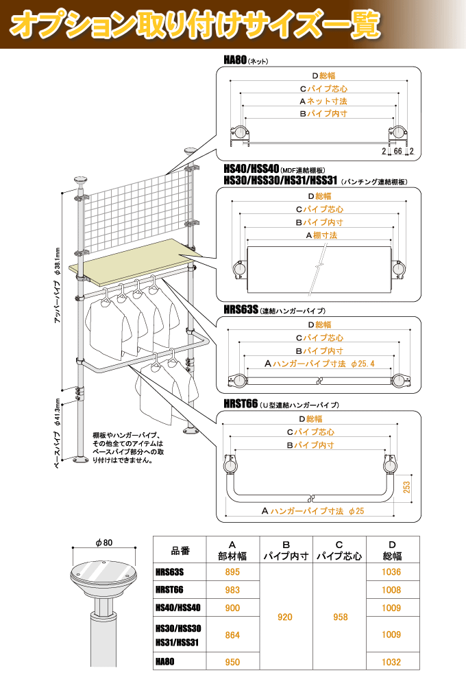 オプション取り付けサイズ一覧